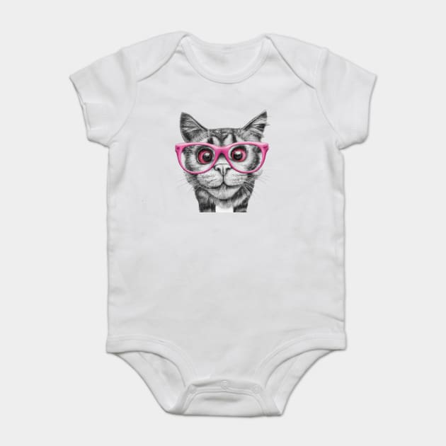 pencil black and white drawing of curious cat wearing light pink colored glasses art Baby Bodysuit by Pixel Threads 